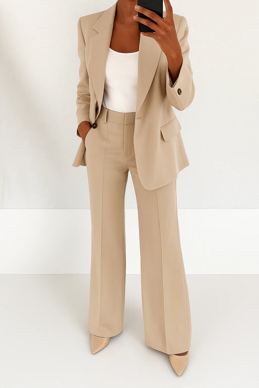 Wide Leg Blazer Suit Set for Women - Beige