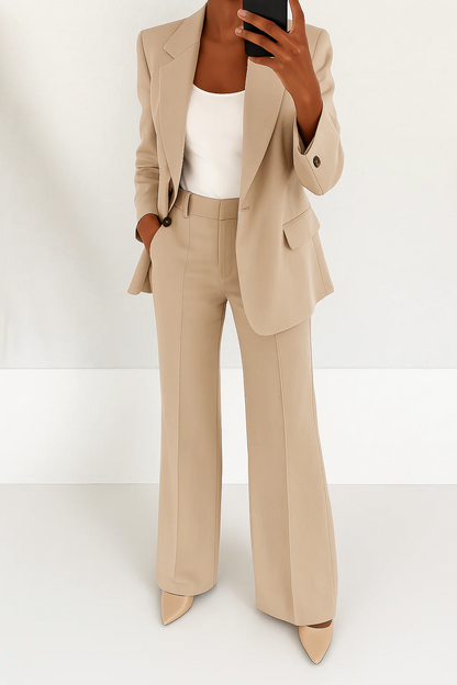 Wide Leg Blazer Suit Set for Women - Beige