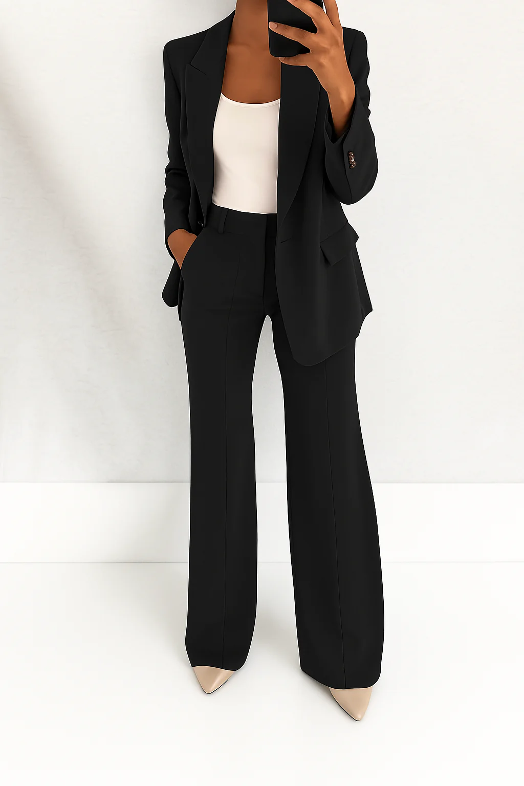 Wide Leg Blazer Suit Set for Women - Black
