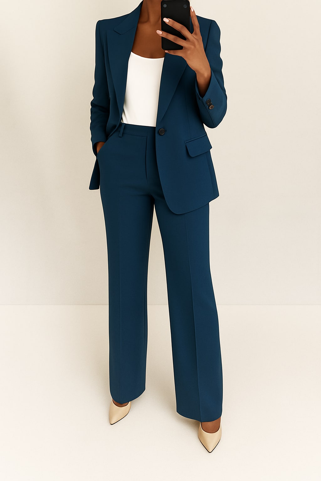 Wide Leg Blazer Suit Set for Women - Navy Blue