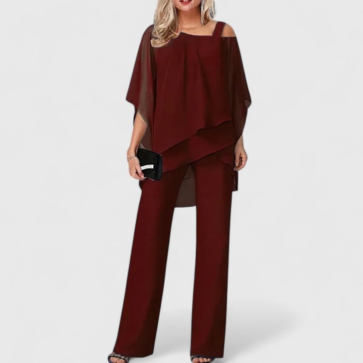 Wide Leg Pant Set for Women - Wine Red