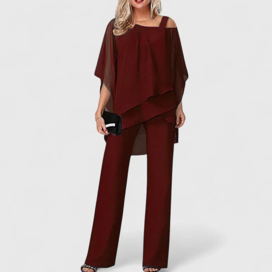 Wide Leg Pant Set for Women - Wine Red