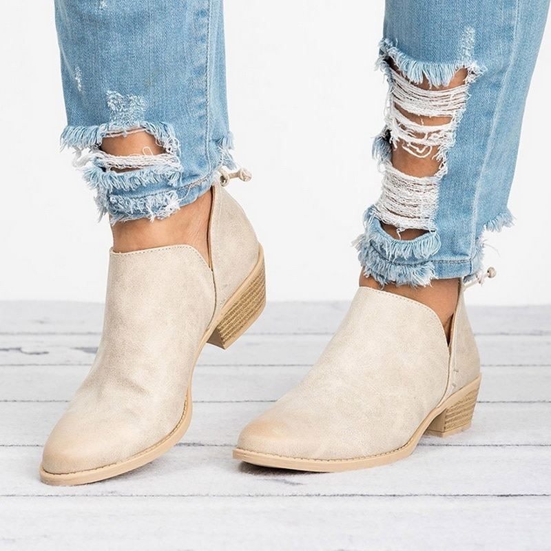 Women's Back Zip Cutout Side Rounded Toe Block Heel Ankle Boots - Beige