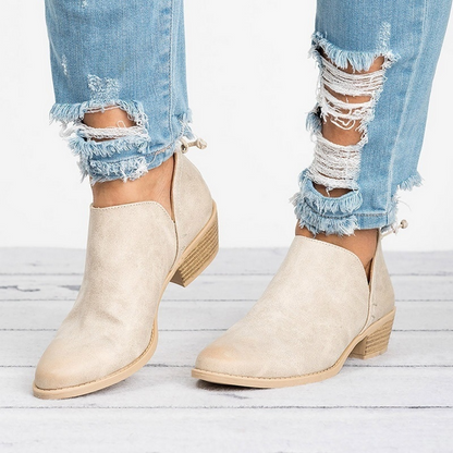 Women's Back Zip Cutout Side Rounded Toe Block Heel Ankle Boots - Beige