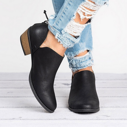 Women's Back Zip Cutout Side Rounded Toe Block Heel Ankle Boots - Black