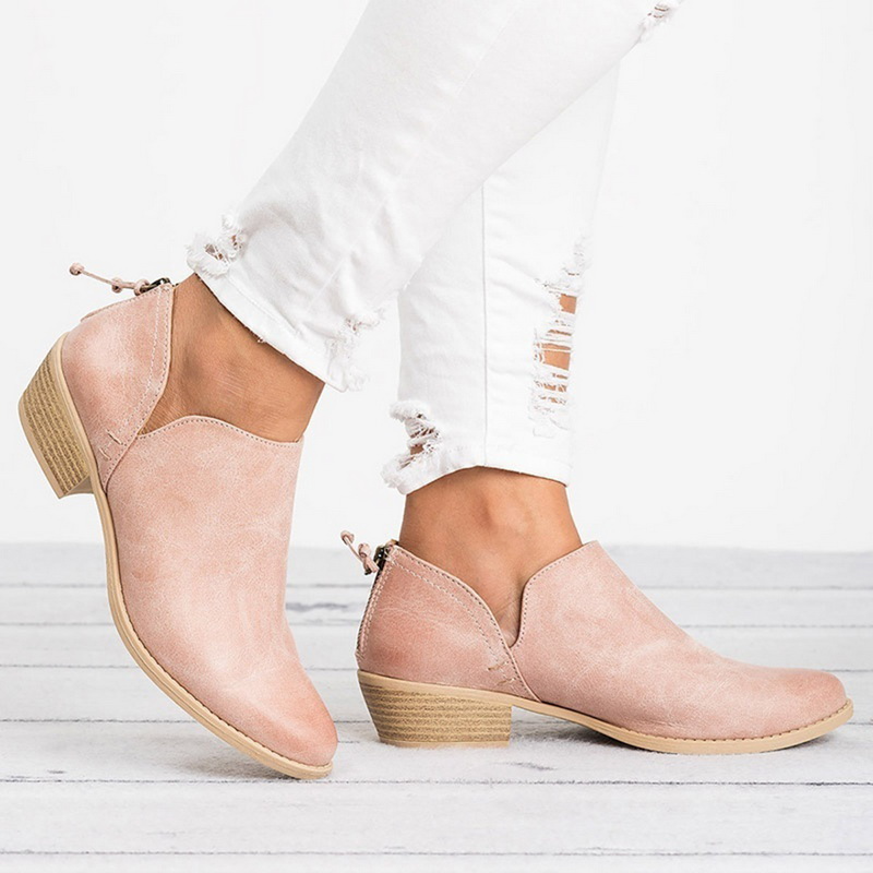 Women's Back Zip Cutout Side Rounded Toe Block Heel Ankle Boots - Pink
