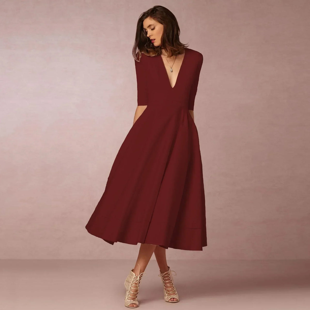 Women's Woven Midi Dress - Burgundy