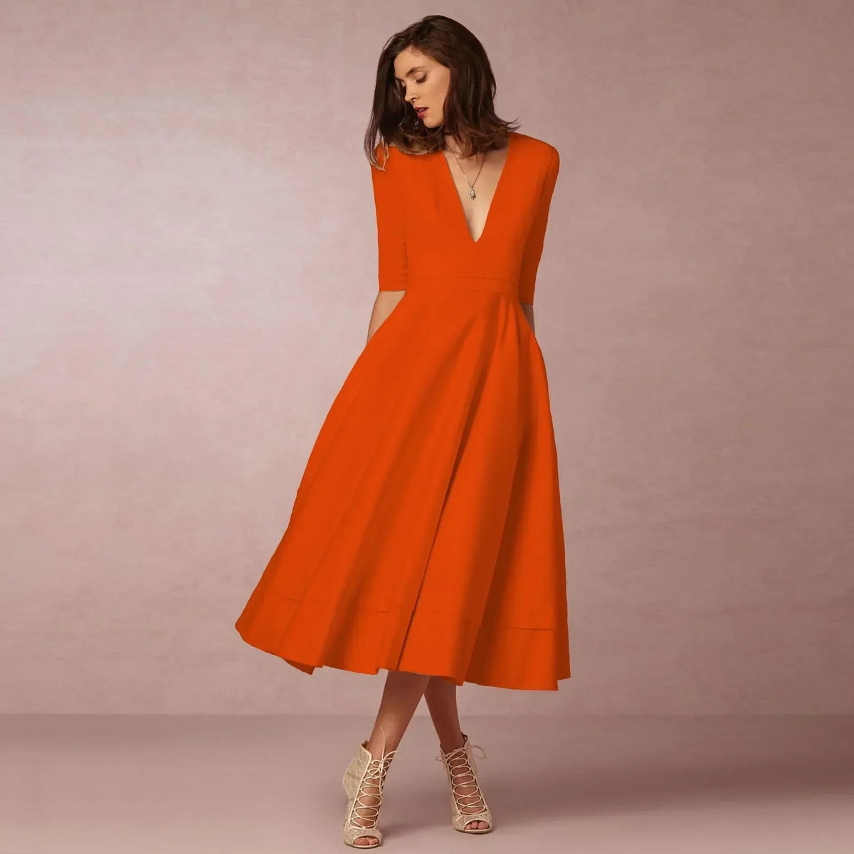 Women's Woven Midi Dress - Orange