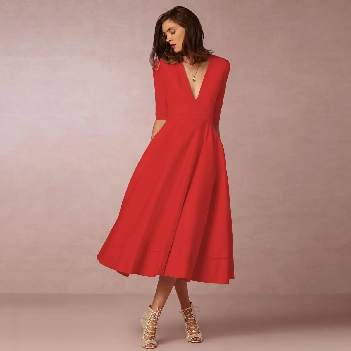 Women's Woven Midi Dress - Red