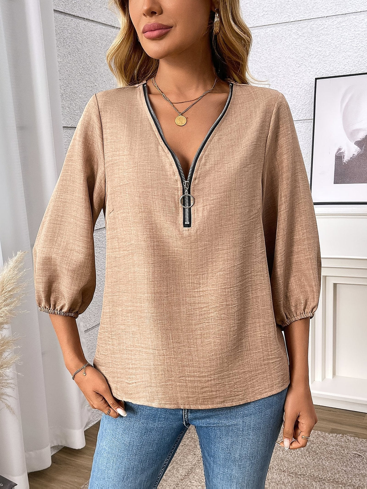 Zip-Front V-Neck Blouse for Women